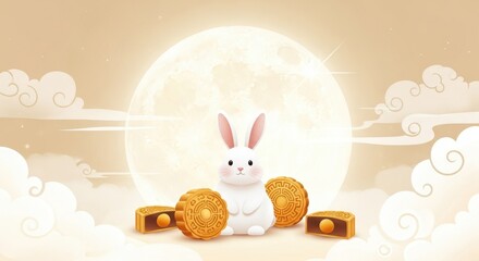 Mid-Autumn Festival illustration of a jade rabbit holding mooncakes under the full moon