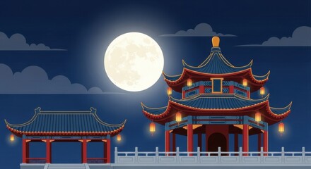 Chinese-style ancient building under the moonlit night