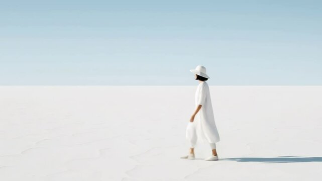 Wide-angle shot of a woman in white walking across a vast, white desert landscape under a clear blue sky, evoking a minimalist video style.