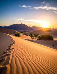 Desert Sand Dune at Sunset with Mountain Background.desert, horizon, wilderness, geology, sunlight, arid, dune, terrain, nature, sunset, landscape, mountain, travel, calmness, explore, gold, panorama,