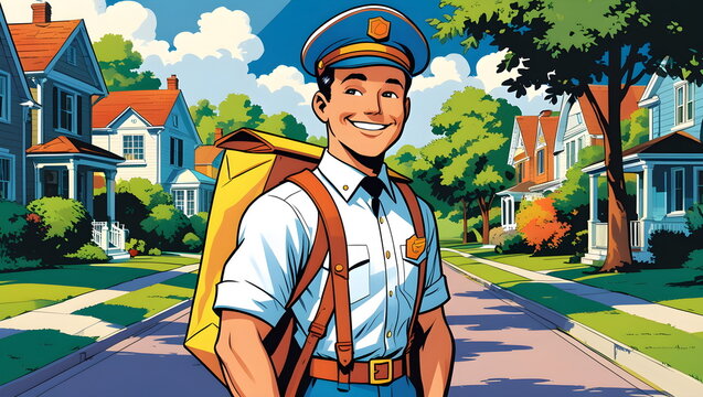 Friendly cartoon mailman delivering mail in a suburban neighborhood