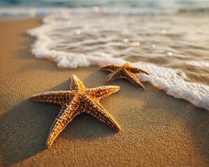 Two starfish on a sandy beach with gentle waves washing ashore during a sunny day at the coast