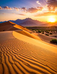 Desert Sand Dune at Sunset with Mountain Background.desert, horizon, wilderness, geology, sunlight, arid, dune, terrain, nature, sunset, landscape, mountain, travel, calmness, explore, gold, panorama,