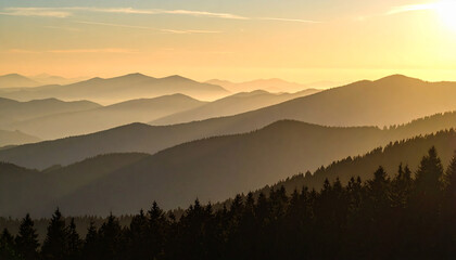 Misty Mountain Layers at Sunset with Desaturated Tones.artwork, calm, colourful, dramatic, emotion, feeling, graphic, image, layer, majestic, misty, mood, panorama, peaceful, photo, picture, ray, 