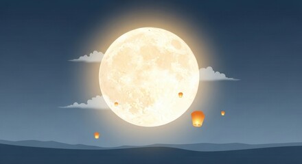 The bright moon in the night sky and the flying Kongming lantern during the Mid-Autumn Festival