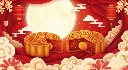 Mid-Autumn Festival Mooncakes and Full Moon Illustration