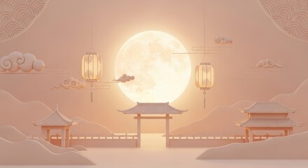 Full Moon and Chinese Architecture in an Archaic Scene