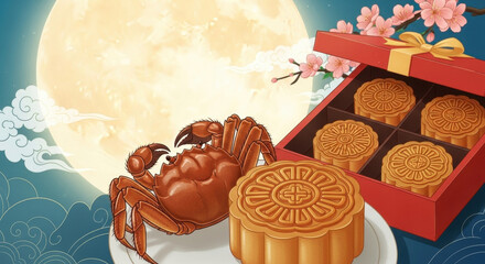 Mid-Autumn Festival Mooncake Crab Gift Box Illustration