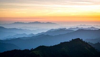 Misty Mountain Layers at Sunset with Desaturated Tones.artwork, calm, colourful, dramatic, emotion, feeling, graphic, image, layer, majestic, misty, mood, panorama, peaceful, photo, picture, ray, 