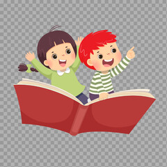 Happy Cartoon Kids Flying on an Open Book Illustration

