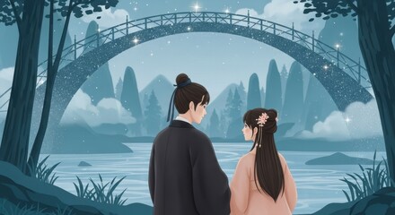 On the Chinese Valentine's Day, ancient men and women stand on the Magpie Bridge by the river