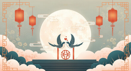 Chinese Style Double Swallow with Moon Picture