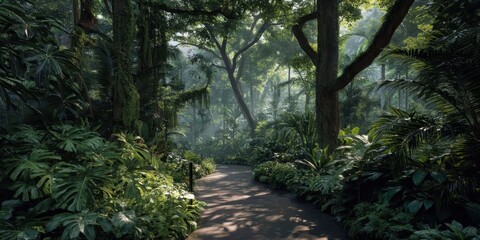 Serene Rainforest Pathway with Sunlight Filtering Through Fog