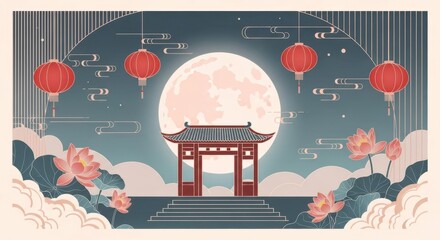 Chinese Ancient Style Moon Night Pavilion Terrace Landscape
