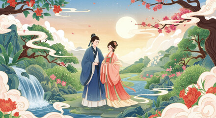 An ancient scene of men and women interdependent among mountains and rivers