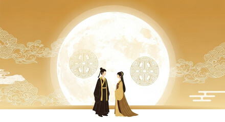 Ancient couple meeting under the moon
