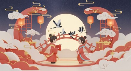 The Cowherd and the Weaver Girl meet at Magpie Bridge on Chinese Valentine's Day