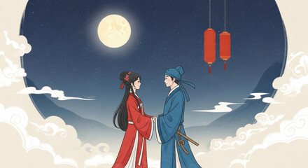 Romantic scene on a moonlit night by a pavilion of ancient men and women on Chinese Valentine's Day