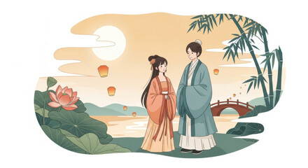 Couple under the moonlight of a lotus pond on Chinese Valentine's Day