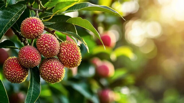 Lychee fruits on tree glowing in sunlight during a warm afternoon, Red and green lychee fruits on tree with sunlight