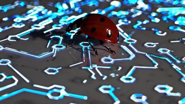 Ladybug in Macro Slow Motion Walking Across Futuristic AI Circuit Floor