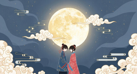 Couples meeting under the moon on Chinese Valentine's Day
