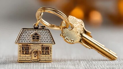 Golden house key chain symbolizing property, investment, and homeownership opportunity - Powered by Adobe
