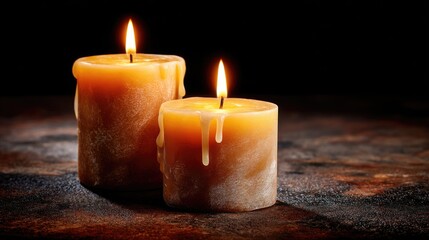 Two lit candles standing side by side in a dark room