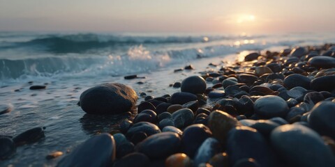 Smooth Pebbles on a Sunset Beach with Ocean Waves