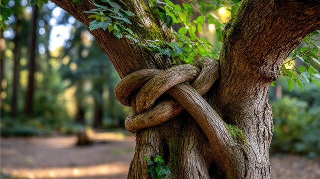 Two intertwined trees with branches gracefully curling around each other