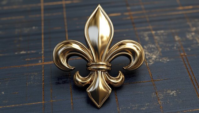 Golden fleur-de-lis emblem on a dark wooden surface - Powered by Adobe
