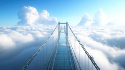 Fototapeta premium A glass suspension bridge stretches across a vast expanse of clouds, reaching toward a bright, clear sky. Modern, futuristic design