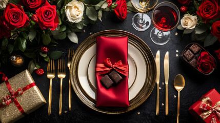 Grand opening gala sophistication. Top view vertical photo featuring tasteful table setting with plates, gold cutlery, decadent