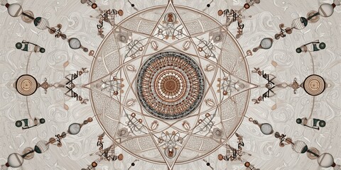 Intricate symmetrical geometric pattern with circular and star shapes, featuring detailed line work and interconnected elements on a textured background.