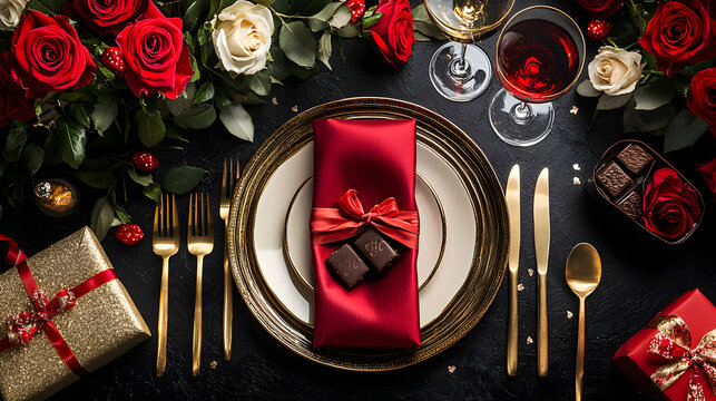 Grand opening gala sophistication. Top view vertical photo featuring tasteful table setting with plates, gold cutlery, decadent