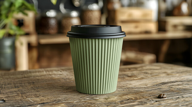 Green disposable coffee cup with ridged surface and black lid on a wooden table indoors