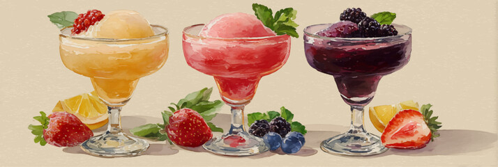 Vector illustration of a set of glasses with summer cocktails, watercolor on a white background. Banner	