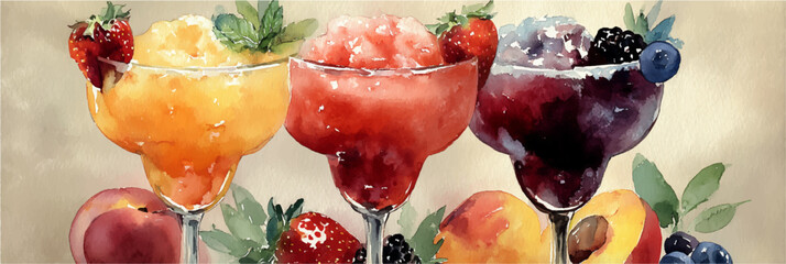 Vector illustration of a set of glasses with summer cocktails, watercolor on a white background. Banner	