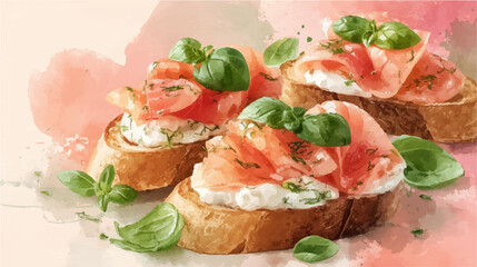 Vector illustration of bruschetta with salmon, watercolor on pink background