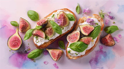 Vector illustration of bruschetta with figs, watercolor on pink background