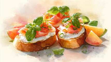 Vector illustration of bruschetta with salmon, watercolor on pink background