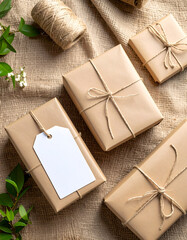 Kraft Paper Gift Box with Blank Label on Burlap Background.photo, commercial, eco, elegant, graphic, image, label, marketing, minimal, present, ribbon, sustainable, warm, branding,