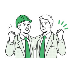 Two Smiling Men Green Suits Celebrating Success One Wearing Hardhat vector