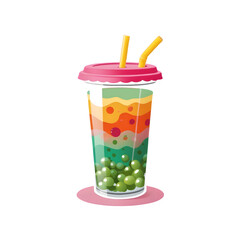 Colorful plastic cups with refreshing juice and soda beverages, isolated on white