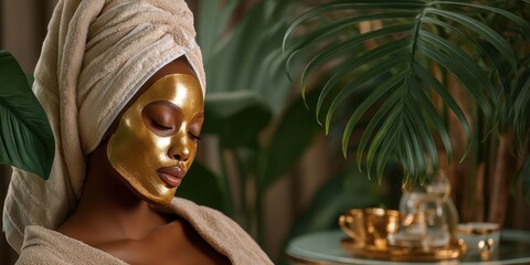 Woman Relaxing with Gold Facial Mask at Spa