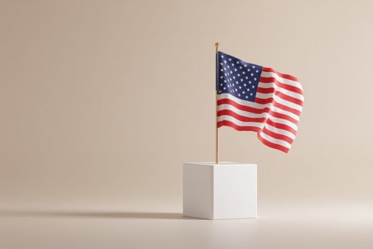 Small American flag waving atop simple white pedestal, symbolizi