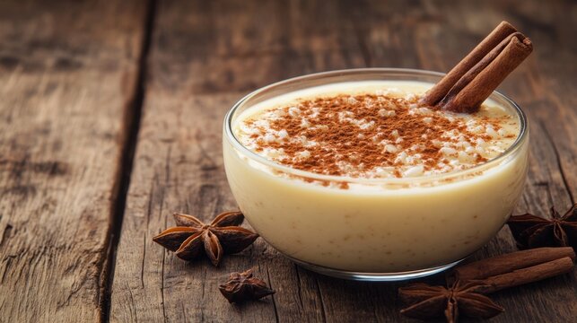 Bowl of arroz con leche sprinkled with cinnamon sticks on a wooden background