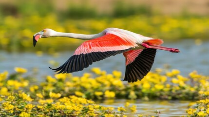 Obraz premium Flamingo captured in flight with wings wide open over bright landscape