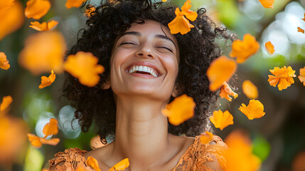 Happy woman with curly hair laughing outdoors surrounded by orange petals floating in the air
