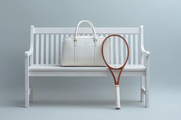 Stylish bench showcases elegant handbag alongside tennis racket,